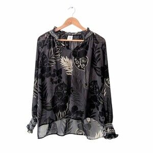 CAbi Black Aloha Tropical Print Blouse